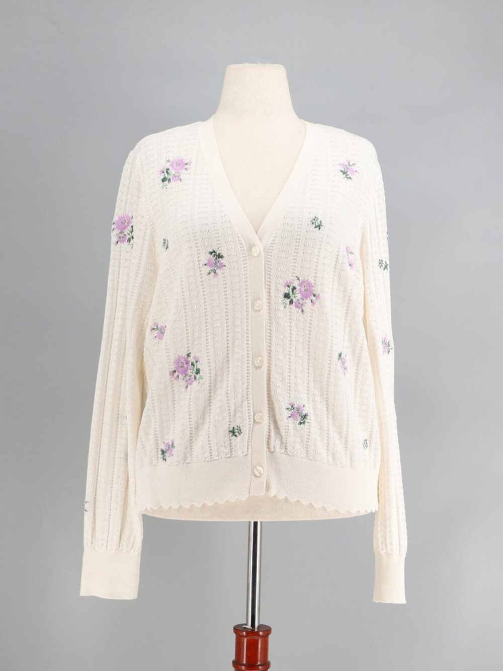 LOFT Floral Embroidered Pointelle Ivory Cardigan Sweater Cottgaecore Size XL